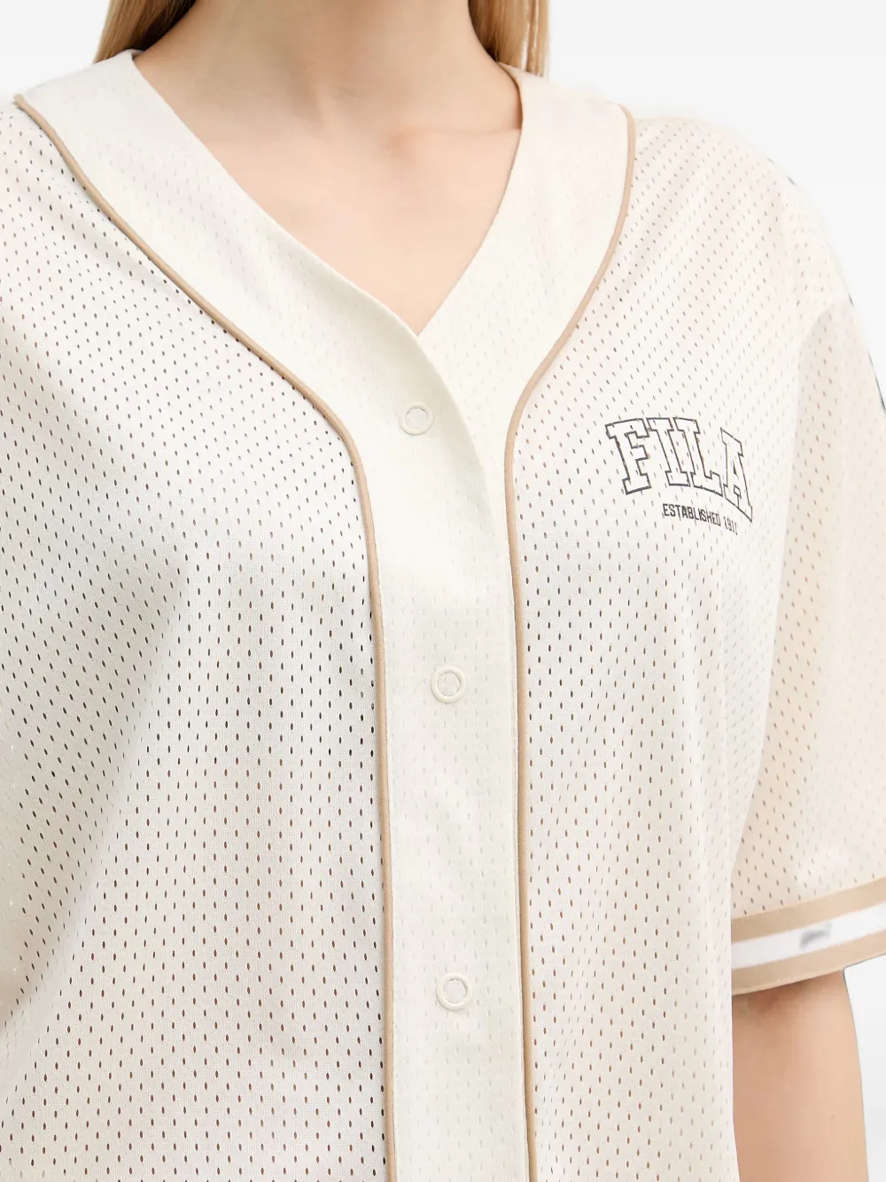 Fila Villanova T-shirt van meshbreisel met logo-print Beige