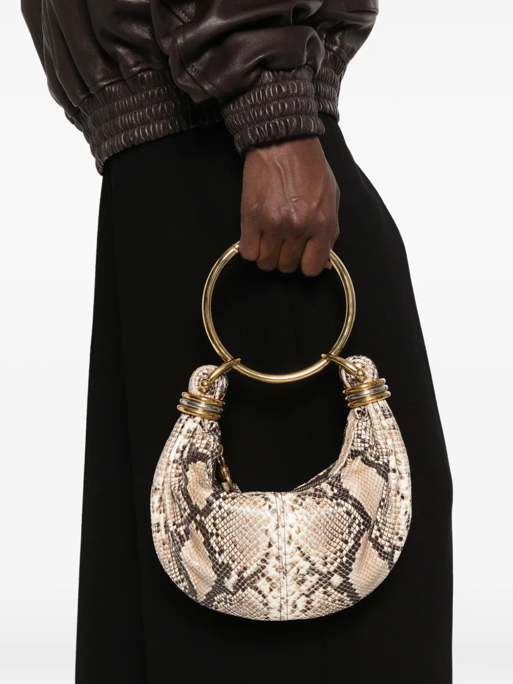 Chloé Clutch met slangen-effect en handvat Beige