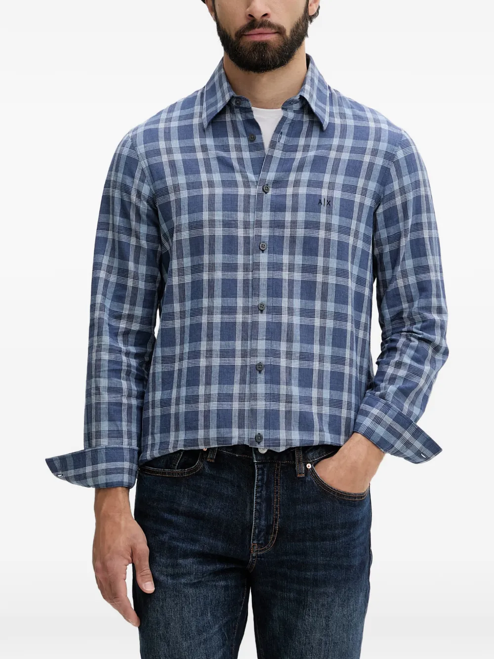 Armani Exchange check-pattern logo-embroidered shirt - Blu