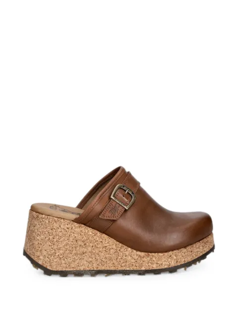Fly London buckle-detail cork-wedge mules