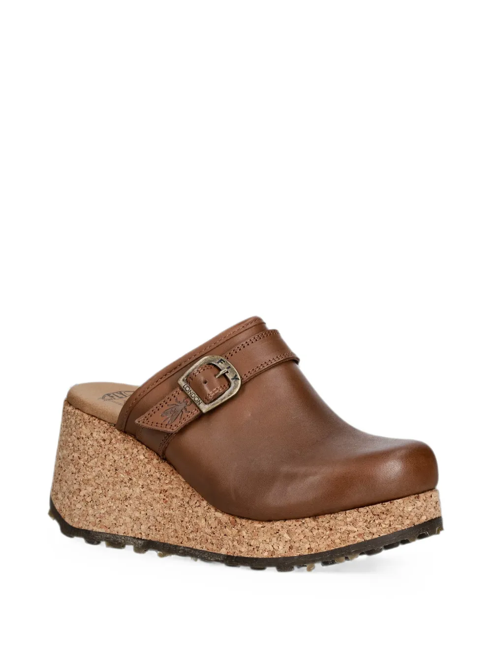 Fly London Muiltjes met gespdetail en sleehak van kurk Bruin