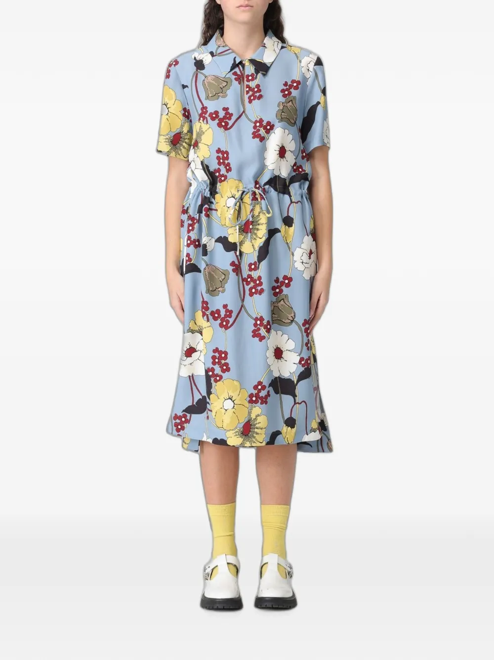 Marni floral-print drawstring-waist midi dress - Blau