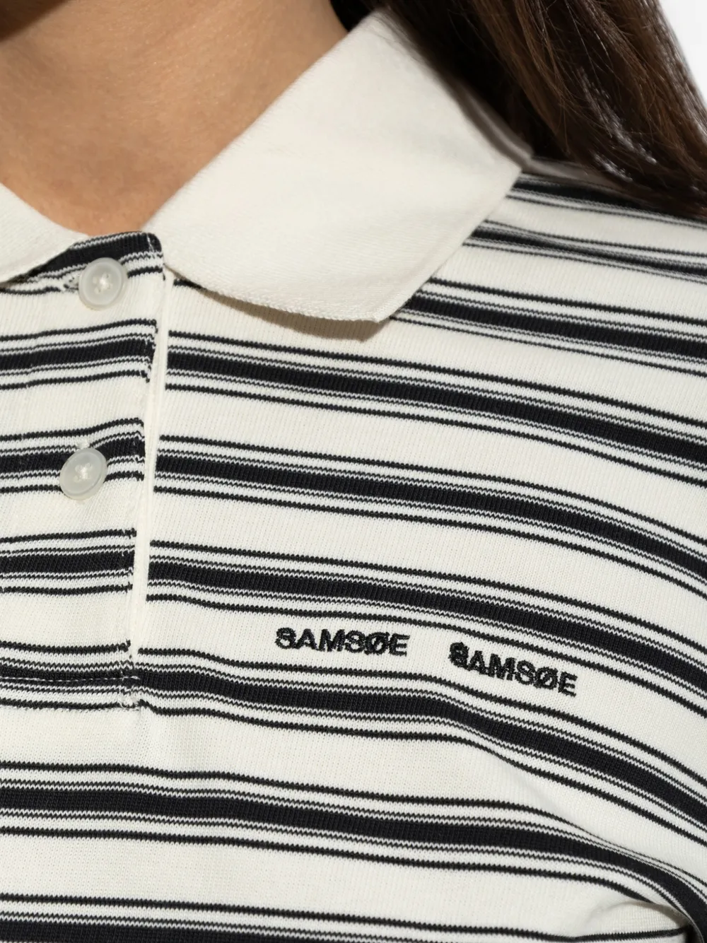 SAMSOE Sadonell gestreept poloshirt met lange mouwen Beige