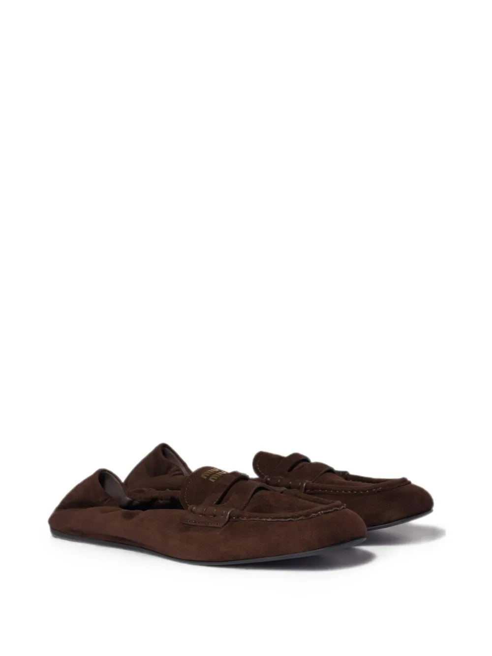 Miu Suède loafers met ruches Bruin