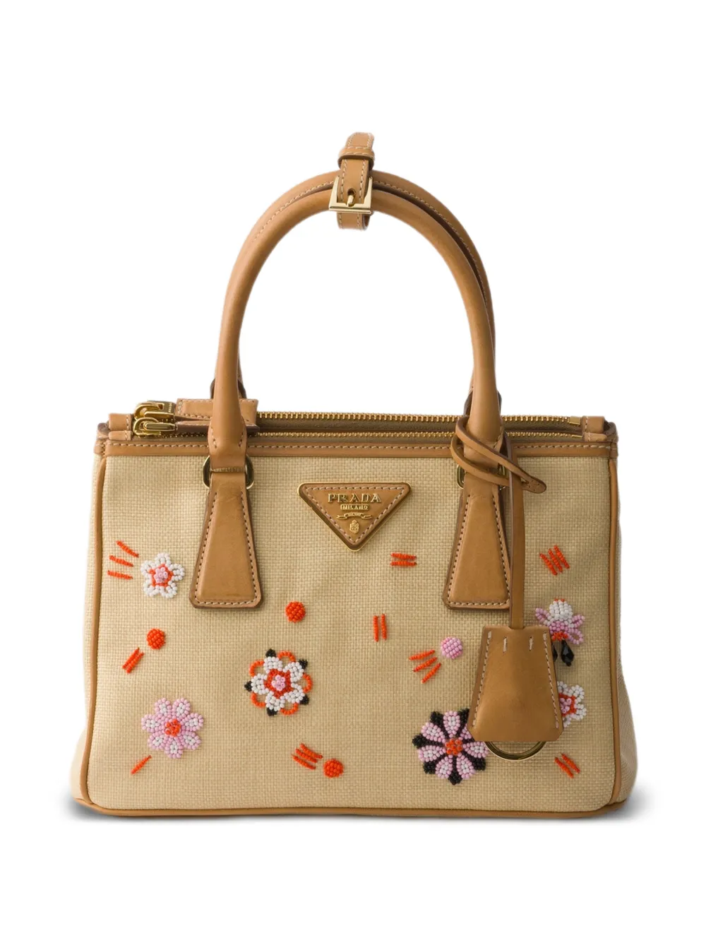 Prada Galleria small canvas and leather embroidered bag - Neutrals