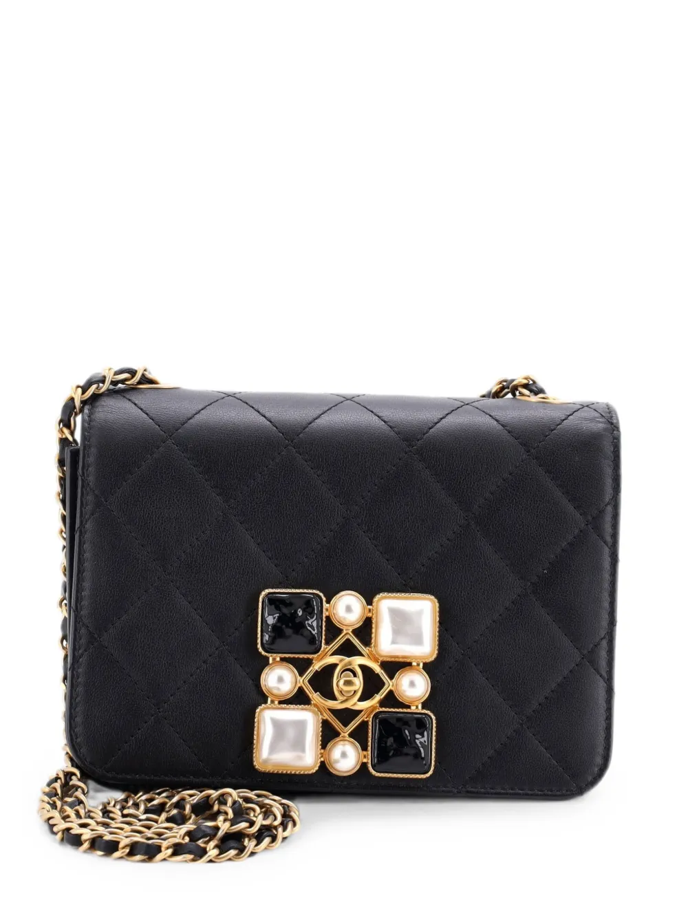 CHANEL Pre-Owned Borsa a tracolla CC piccola in pelle di vitello trapuntata con resina e perla - Nero