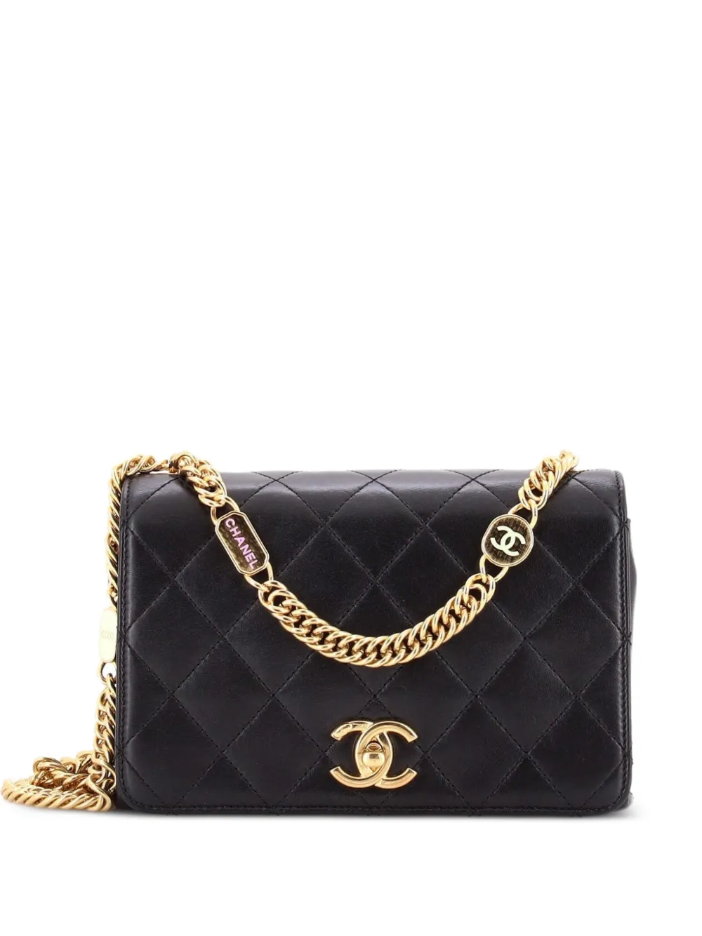 CHANEL Pre-Owned Logo Enamel Full Flap Bag Quilted Lambskin Mini shoulder bag - Black