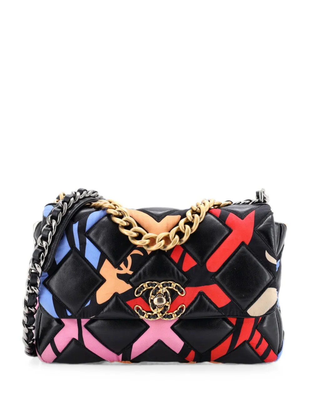 CHANEL Pre-Owned Borsa a spalla 19 media in pelle di agnello trapuntata e seta con stampa - Nero