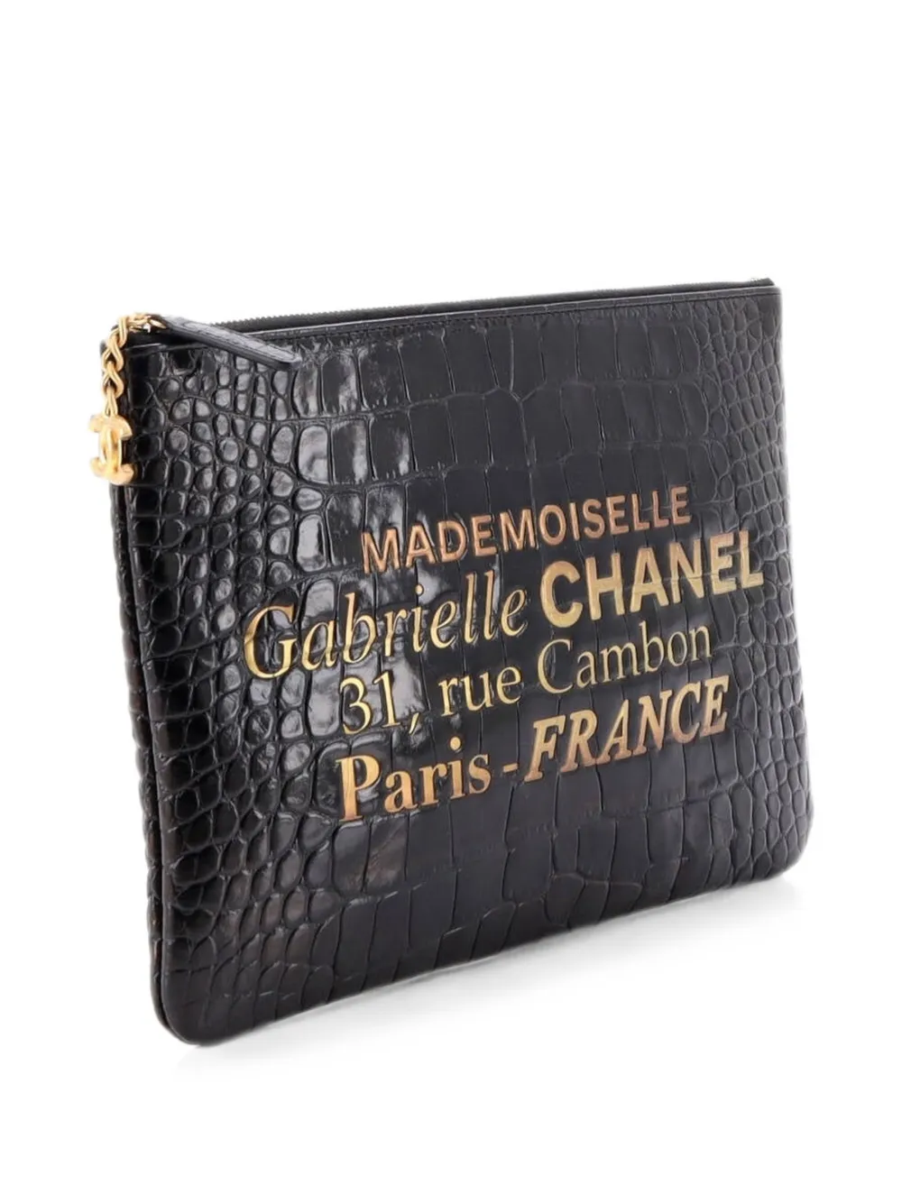  Chanel Pre-owned Signature O Case Pouch Printed Crocodile Embossed Calfskin Medium Clutch Bag - Noir 