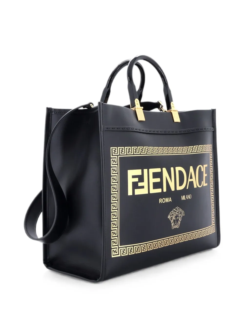  Fendi Pre-owned X Versace Fendace Convertible Sunshine Shopper Printed Leather Medium Tote Bag - Noir 