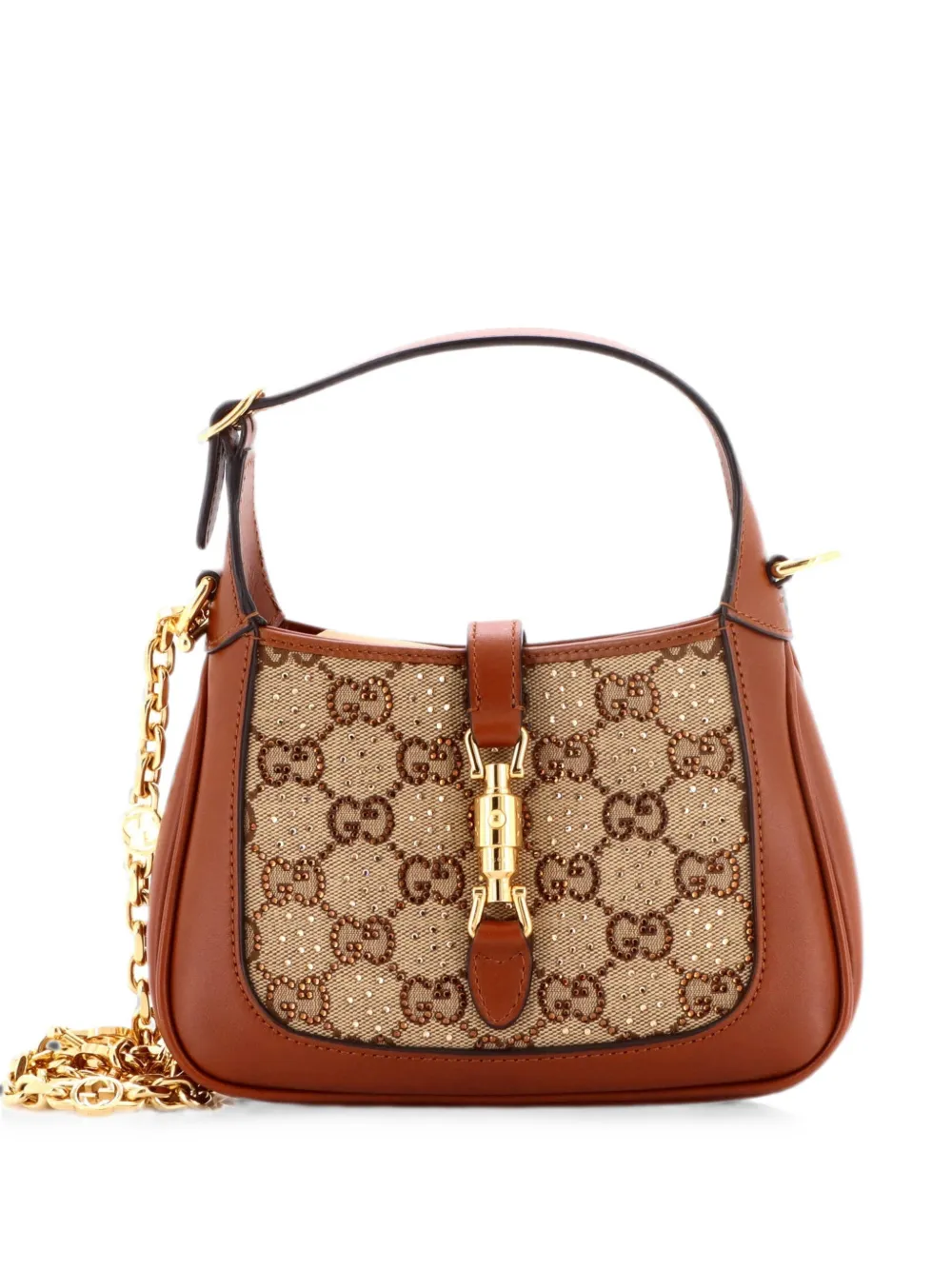 Gucci Pre-Owned Borsa passepartout Jackie 1961 mini in tela GG con cristalli e catena - Marrone