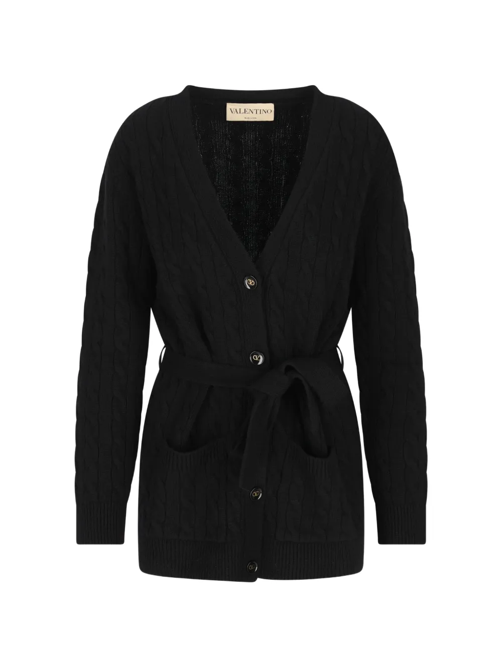 Valentino Cable-knit Belted Cardigan In Black