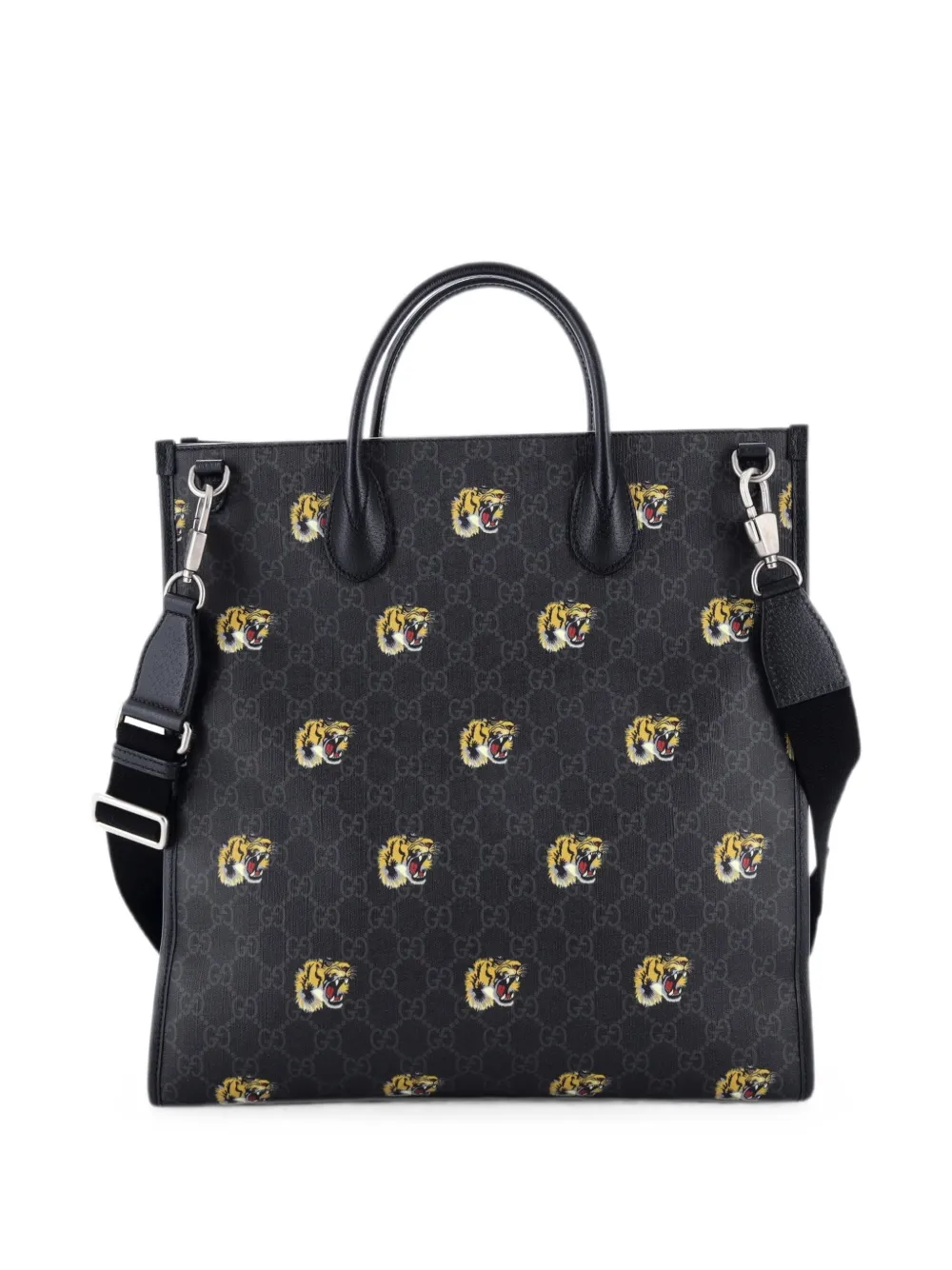  Gucci Pre-owned Interlocking G Patch Web Strap Convertible Printed Gg Coated Canvas Tall Tote Bag - Noir 