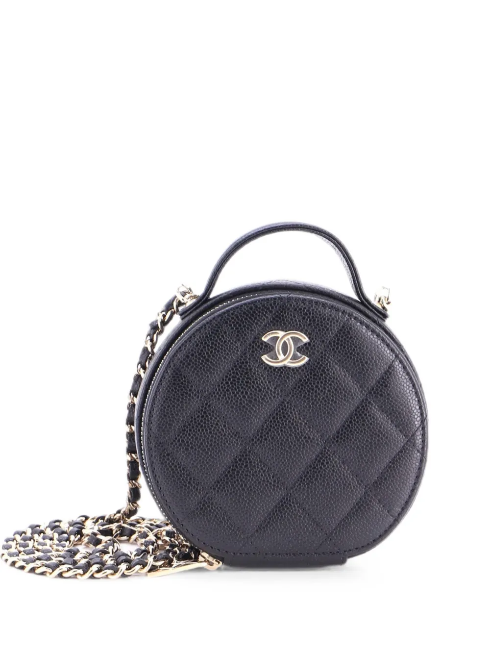CHANEL Pre-Owned Borsa a tracolla Vanity Case tonda piccola in pelle Caviar trapuntata con manico catena - Nero