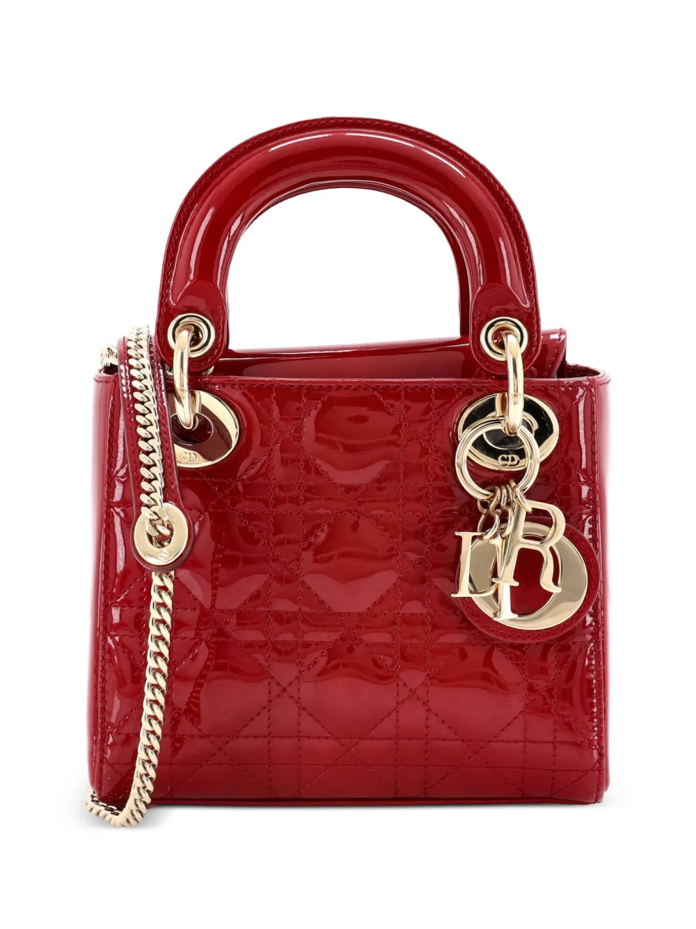 Christian Dior Pre-Owned Borsa a tracolla Lady Dior mini in pelle verniciata trapuntata con motivo Cannage e catena - Rosso