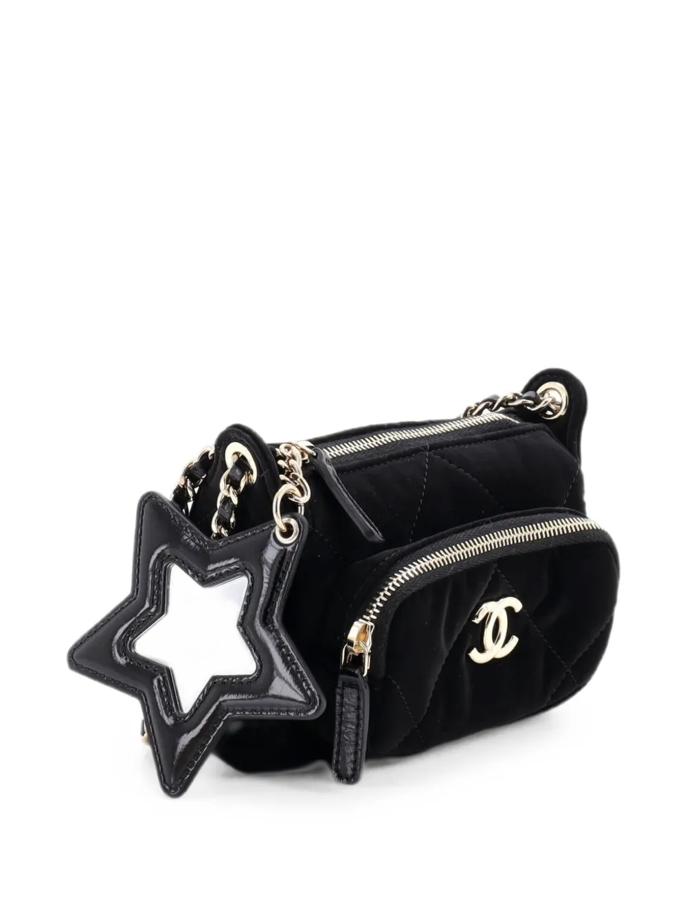  Chanel Pre-owned 25 With Chain Quilted Velvet Effect Nylon And Shiny Crumpled Calfskin Mini Clutch Bag - Noir 