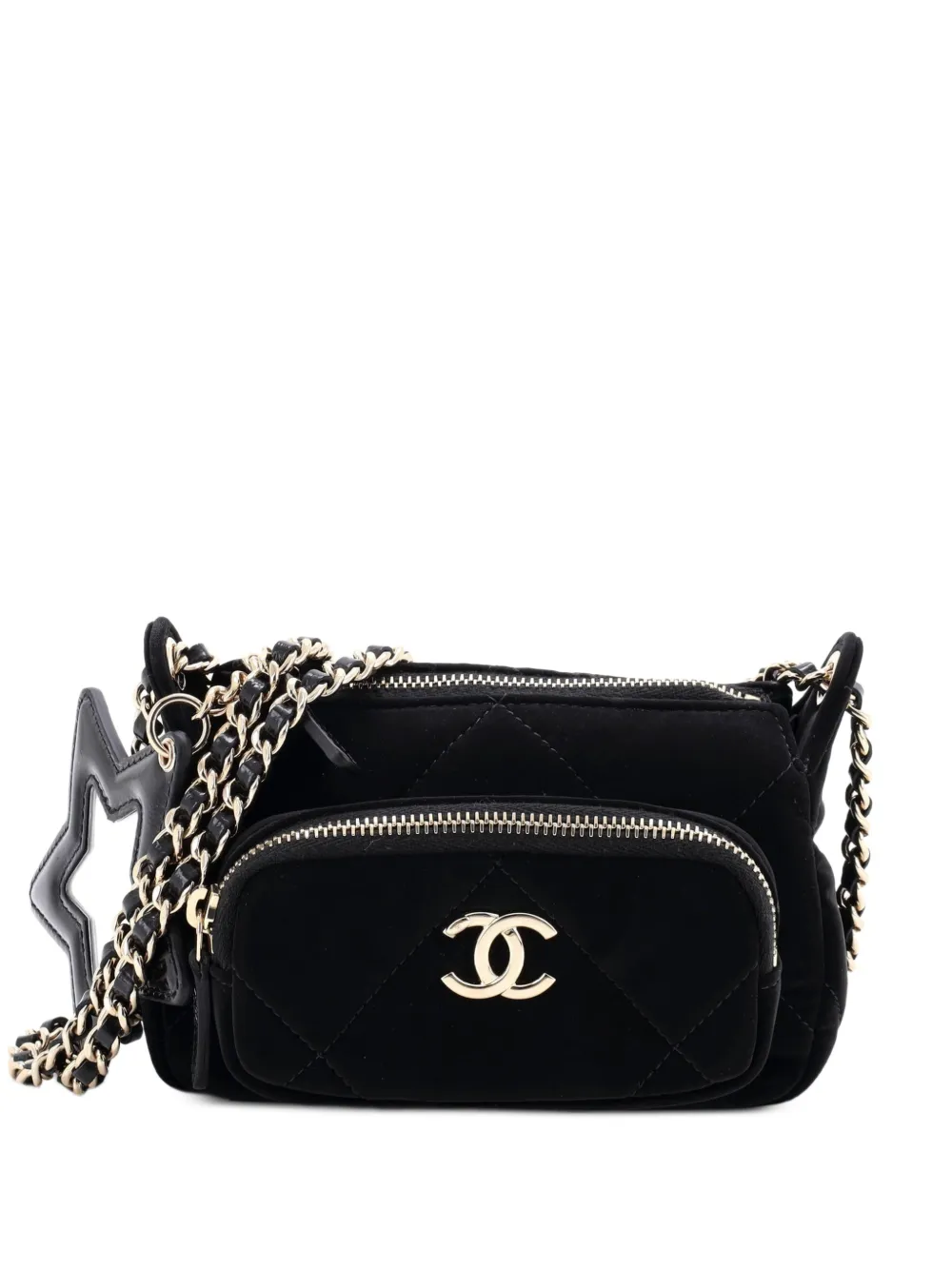 CHANEL Pre-Owned 25 With Chain Quilted Velvet Effect Nylon and Shiny Crumpled Calfskin Mini clutch bag - Black