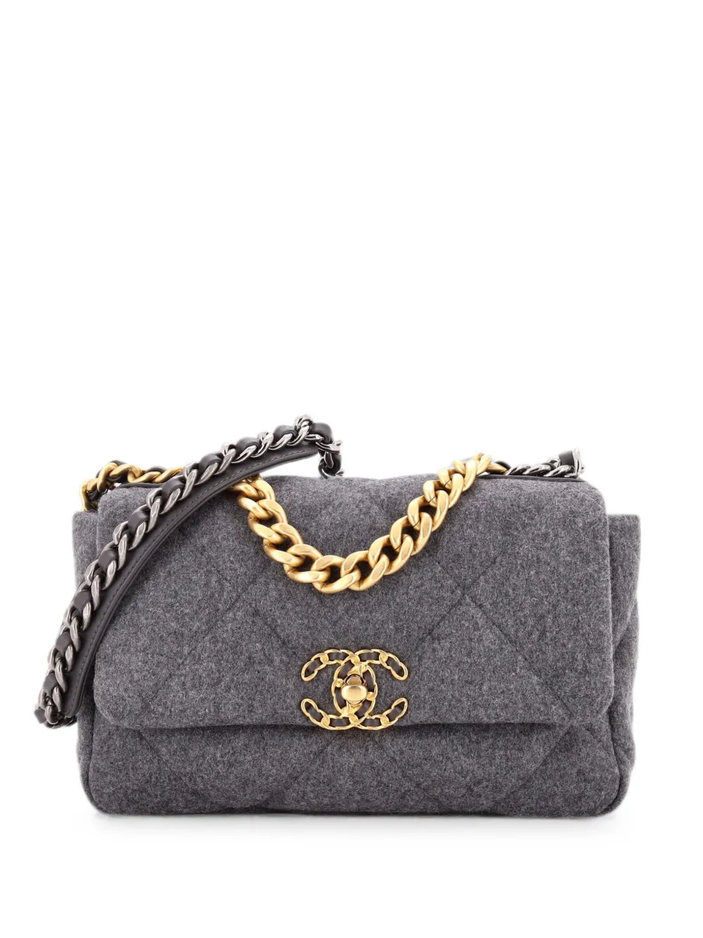 CHANEL Pre-Owned Borsa a spalla 19 media in denim trapuntato con battente - Grigio