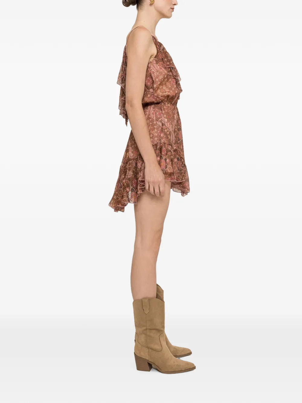 NISSA Zijden mini-jurk met bloemenprint Bruin