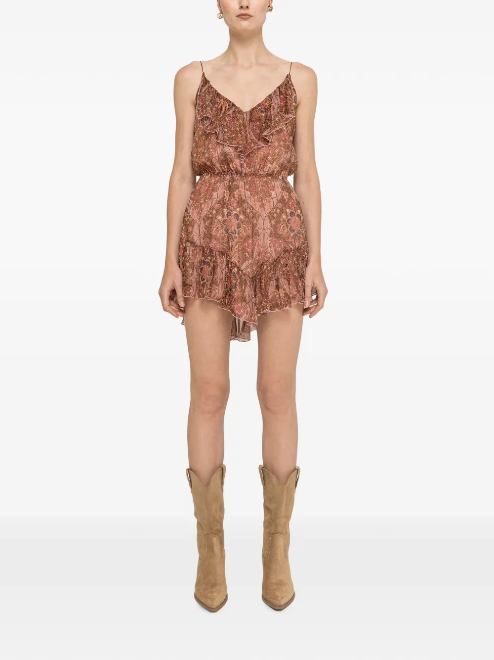NISSA Zijden mini-jurk met bloemenprint Bruin