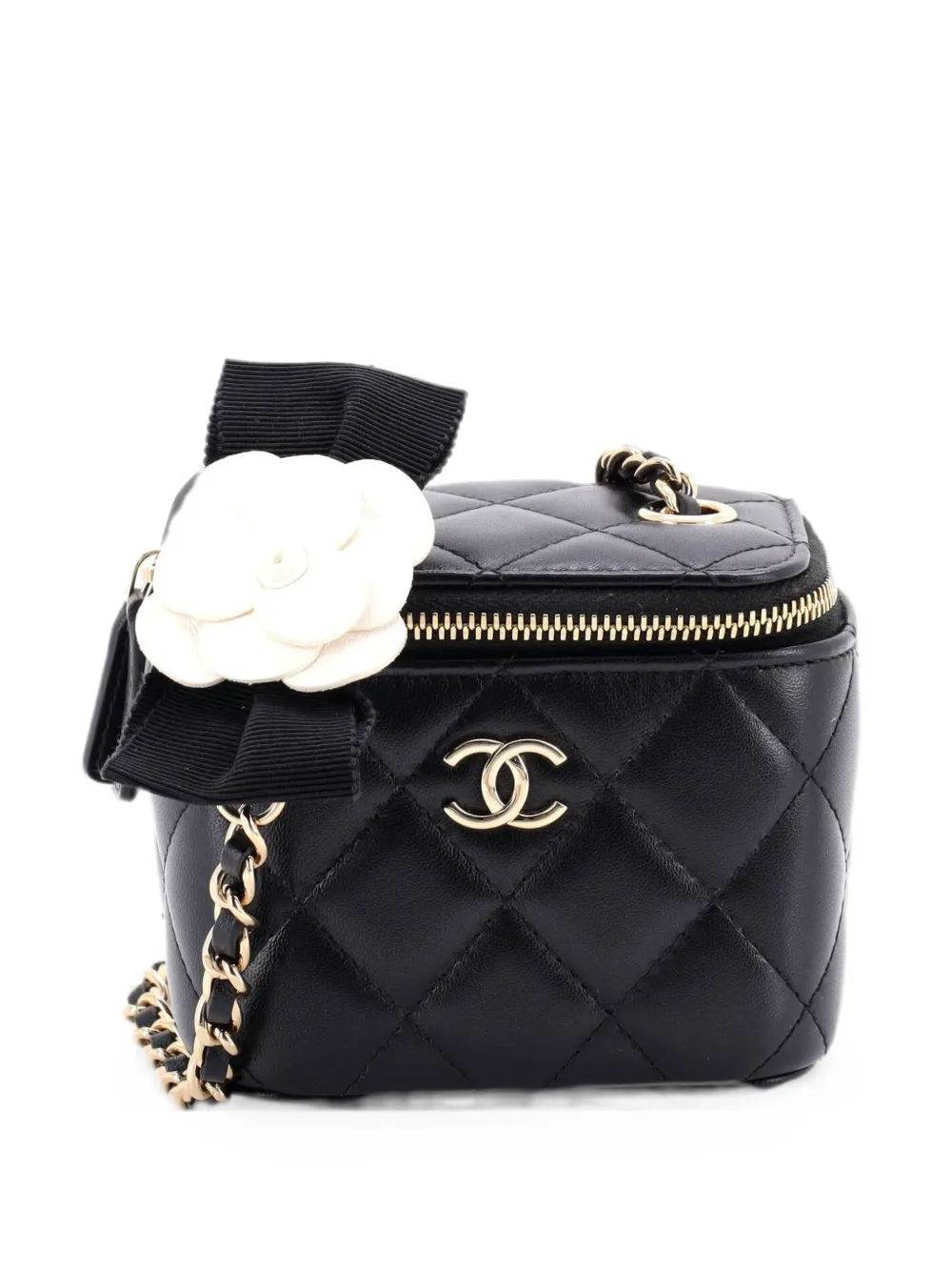 CHANEL Pre-Owned Camellia Bow Vanity Case with Chain Quilted Lambskin Mini crossbody bag - Black