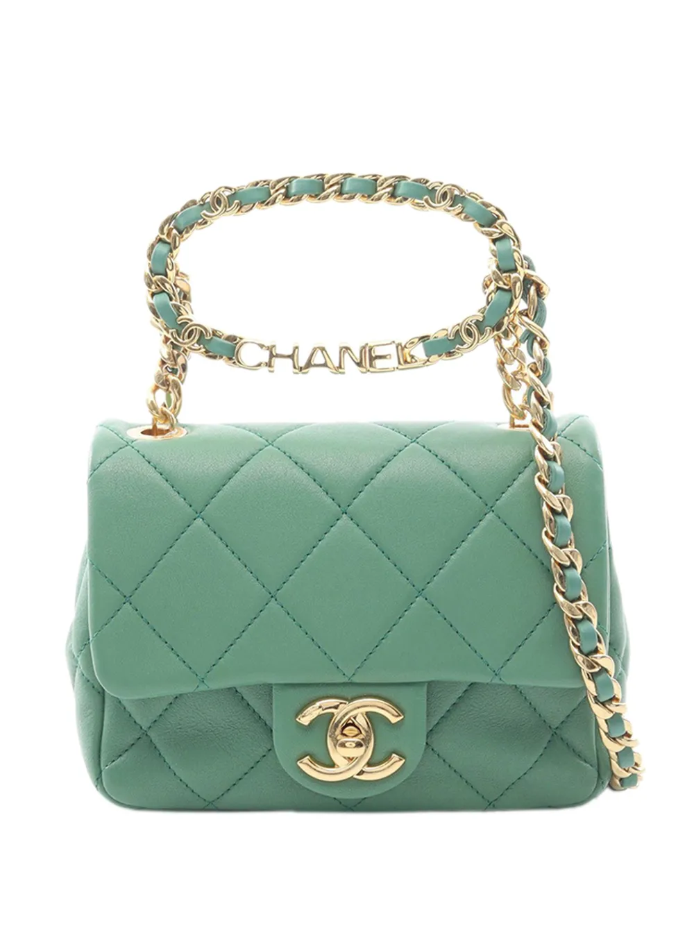 CHANEL Pre-Owned Borsa a tracolla mini in pelle di agnello trapuntata con logo e catena 2021-2026 - Verde
