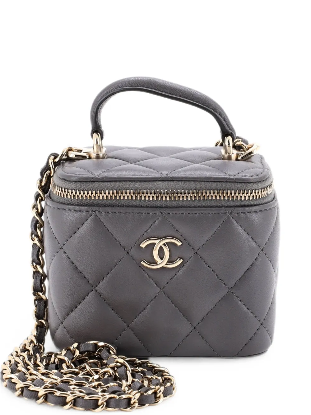 CHANEL Pre-Owned Borsa a tracolla Vanity Case mini in pelle di agnello trapuntata con manico - Grigio