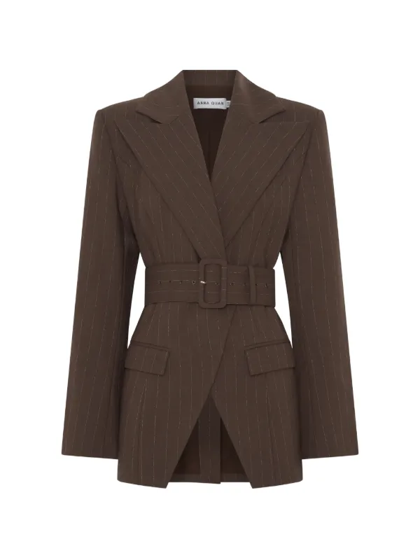 Anna Quan Colin Belted Pinstriped Blazer in Brown