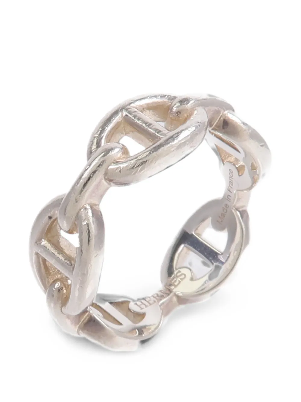 Pre-owned Hermes Chaine D'ancre Engraved-logo Ring In Silver