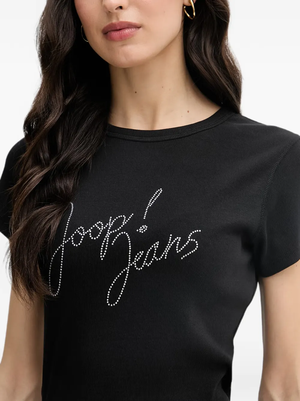 Joop! Tineta geribbeld T-shirt met logo van stras Zwart