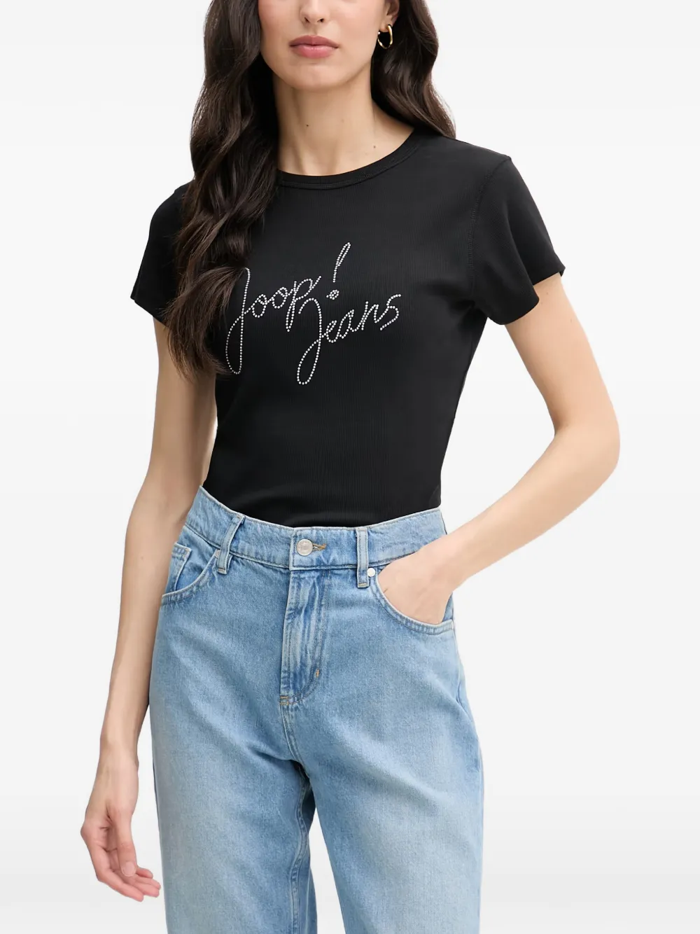 Joop! Tineta rhinestone-logo ribbed T-shirt - Schwarz
