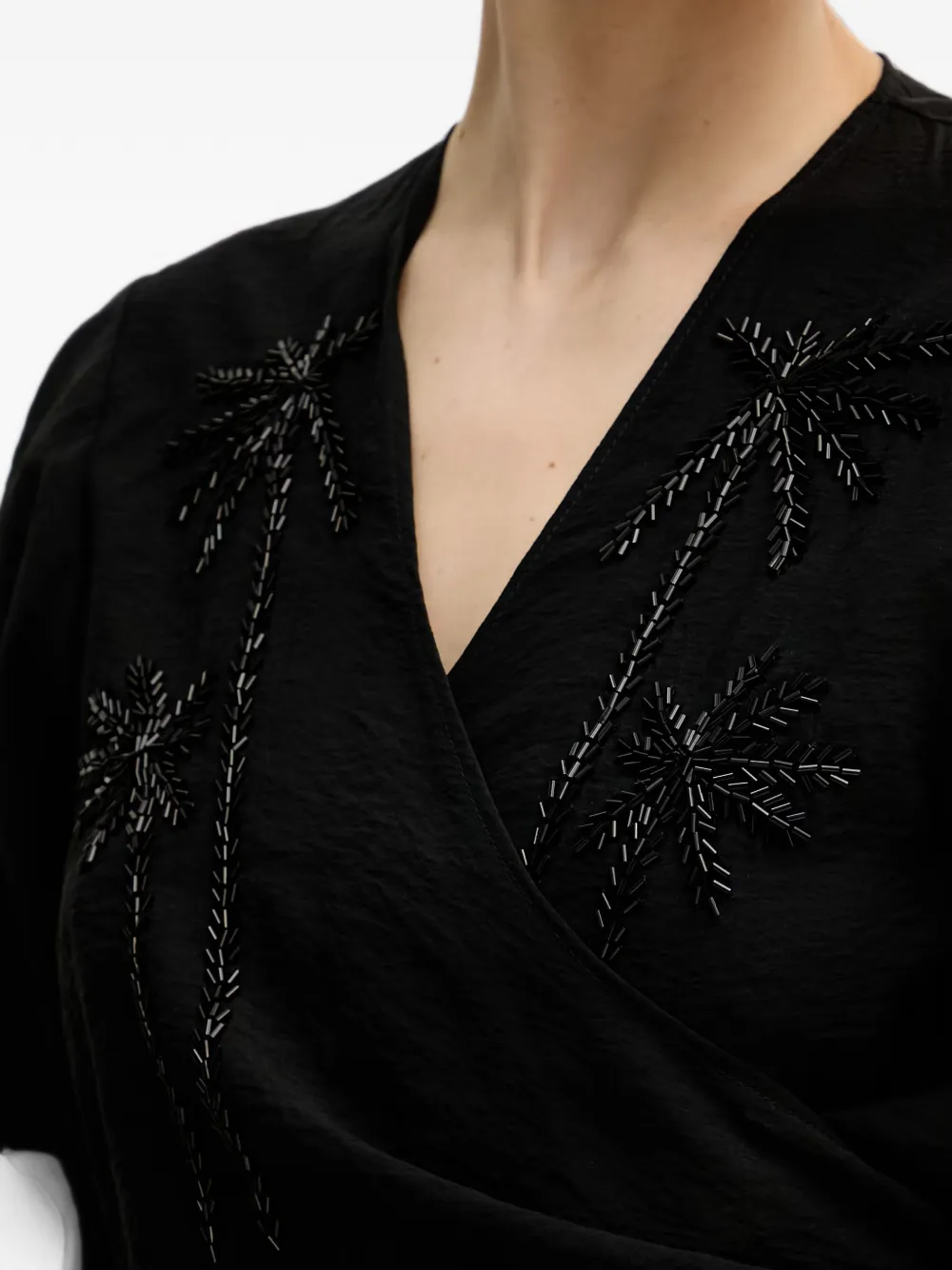 Lola Casademunt Top met wikkel-design en palmboomprint en kralen Zwart