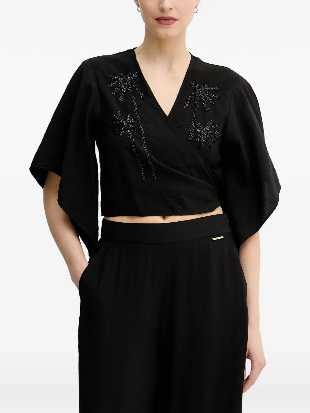 Lola Casademunt beaded-palm-tree wrap-design top - Nero