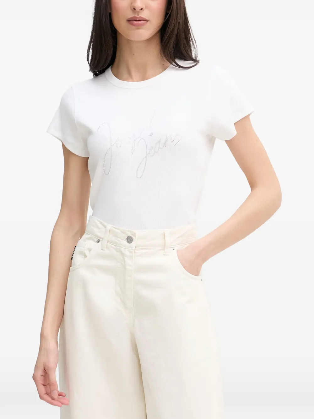 Joop! Tineta rhinestone-logo ribbed T-shirt - Bianco