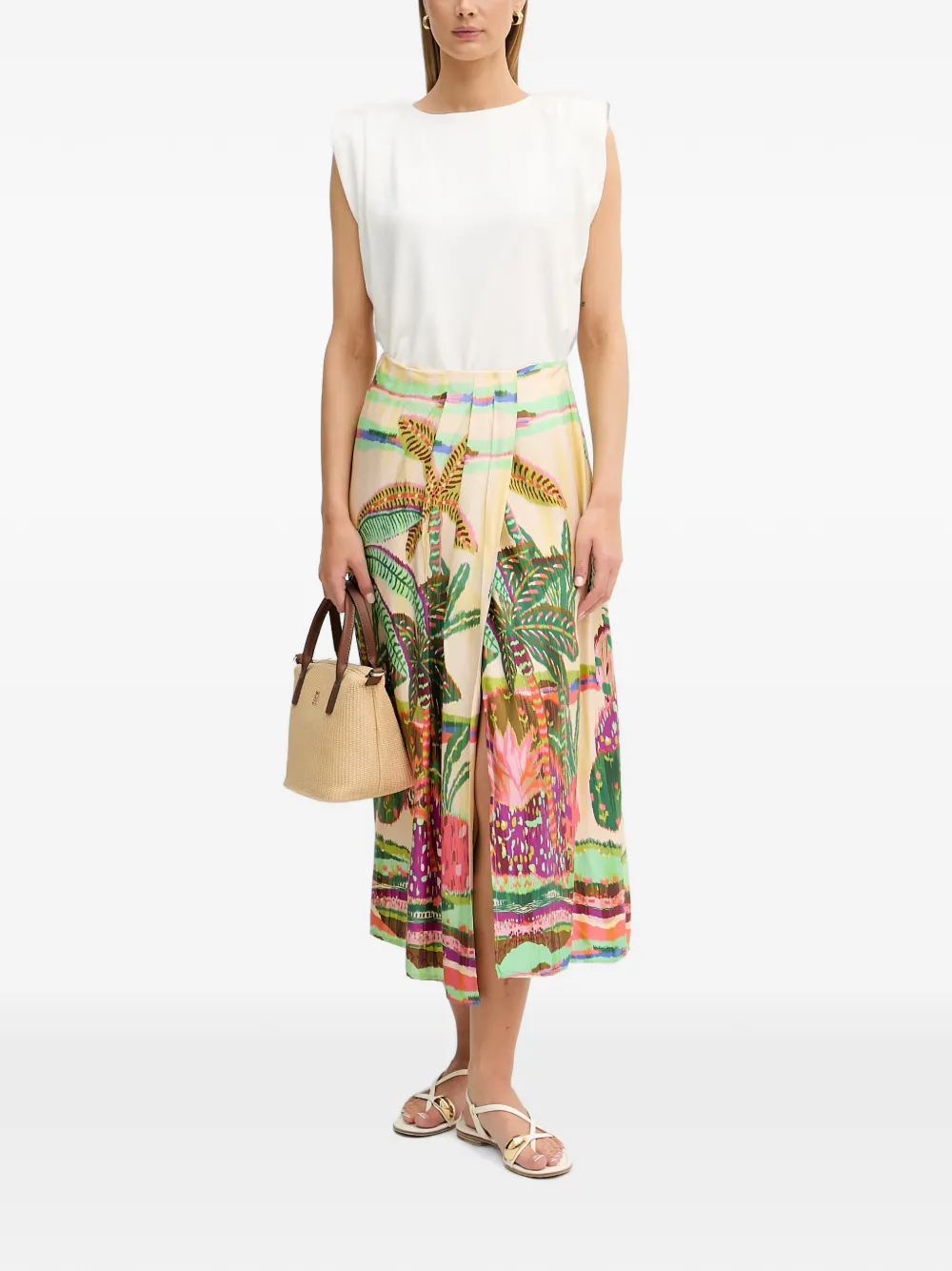 Lola Casademunt Midi-plooirok met tropische print Beige