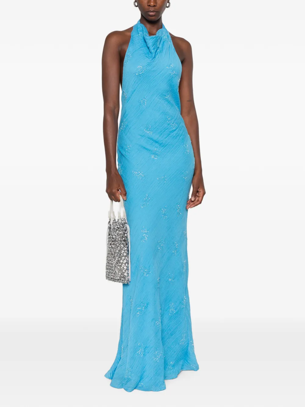 STAUD Roselle maxi-jurk met halternek en kralen Blauw