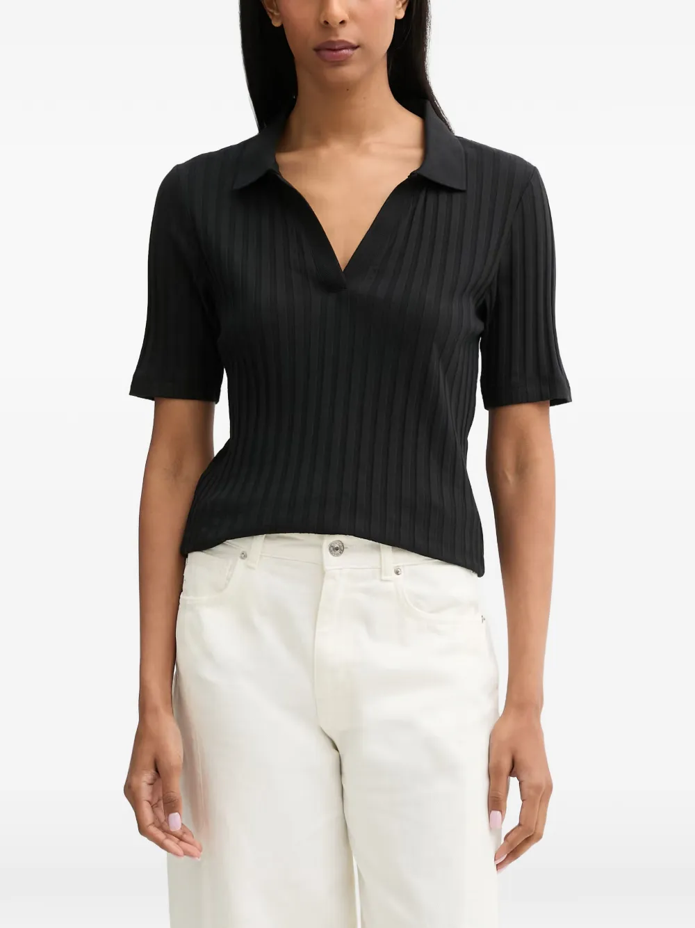 Marc O'Polo ribbed-knit polo-collar top - Nero