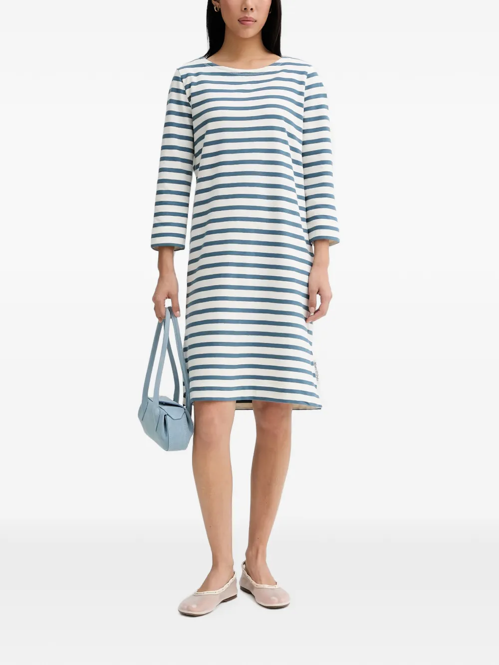 Marc O'Polo Jurk met horizontale streep en cropped mouwen Wit