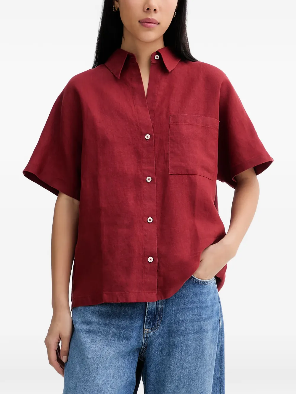 Marc O'Polo short-sleeve patch-pocket linen shirt - Rosso