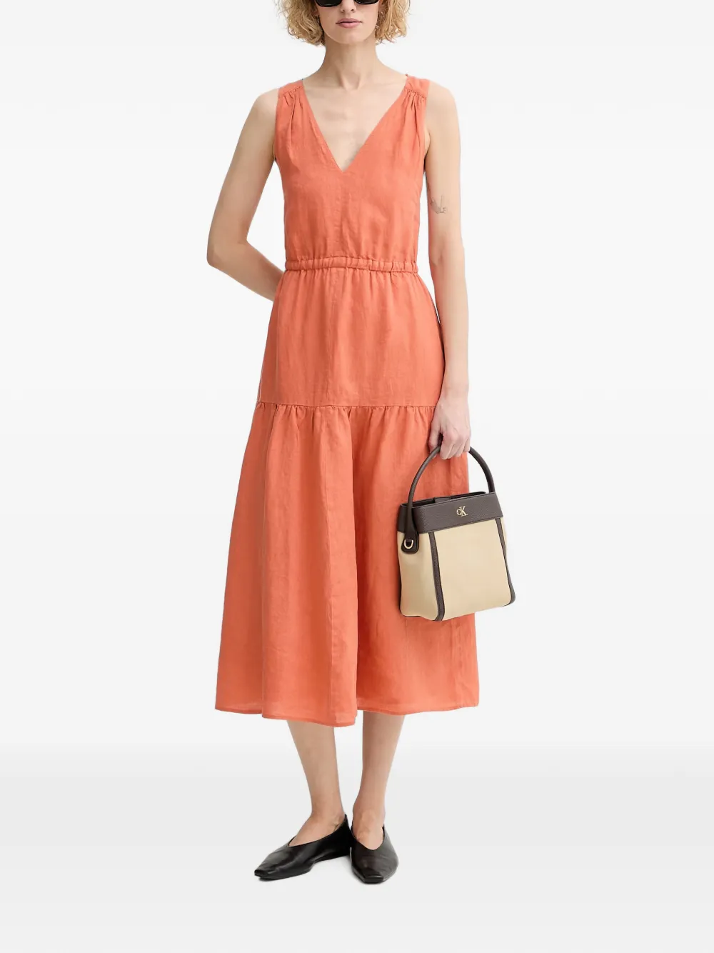 Marc O'Polo crossover-back tiered midi dress Oranje