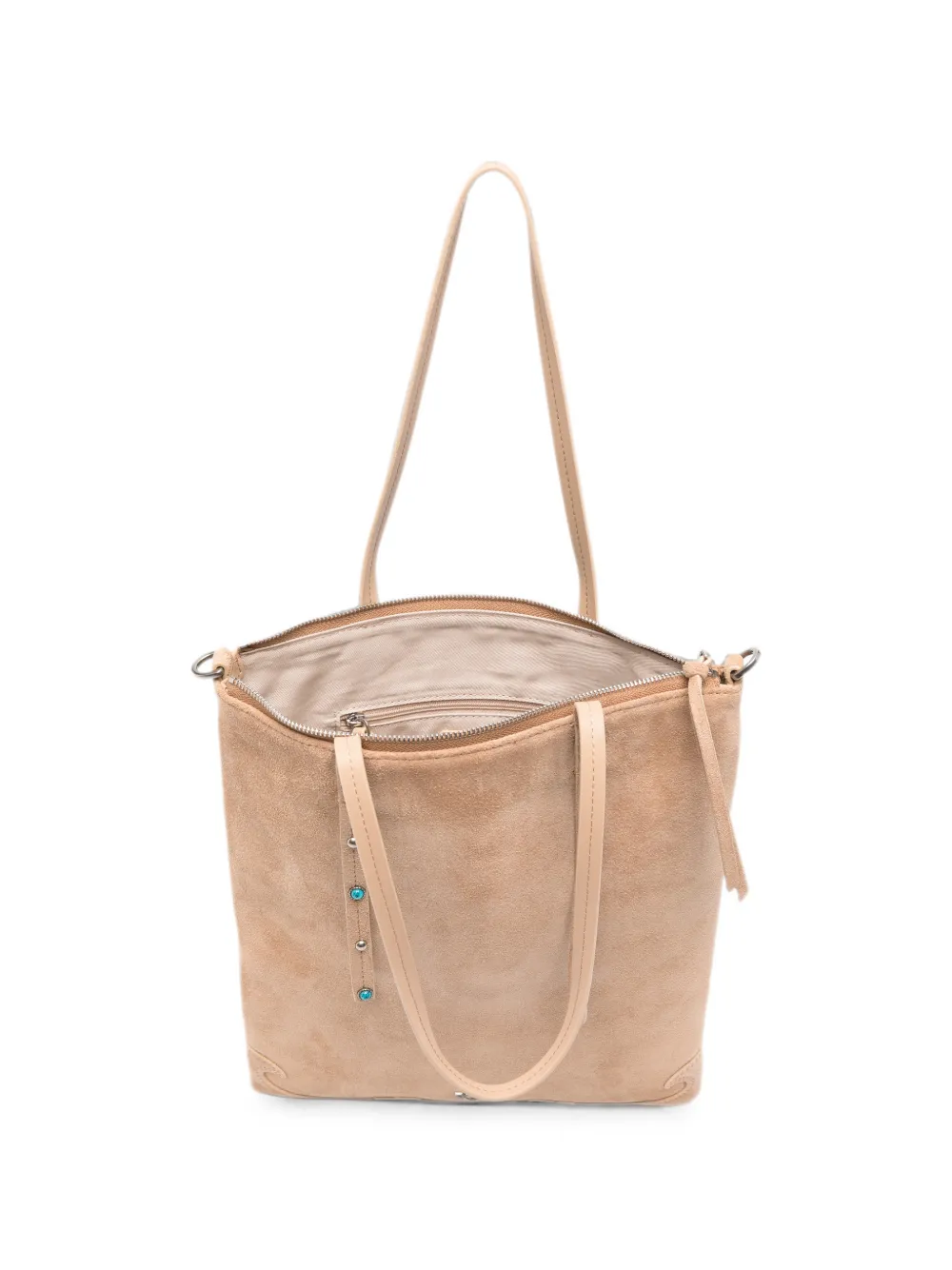 PINKO Suède mini-shopper verfraaid met studs en franje Beige