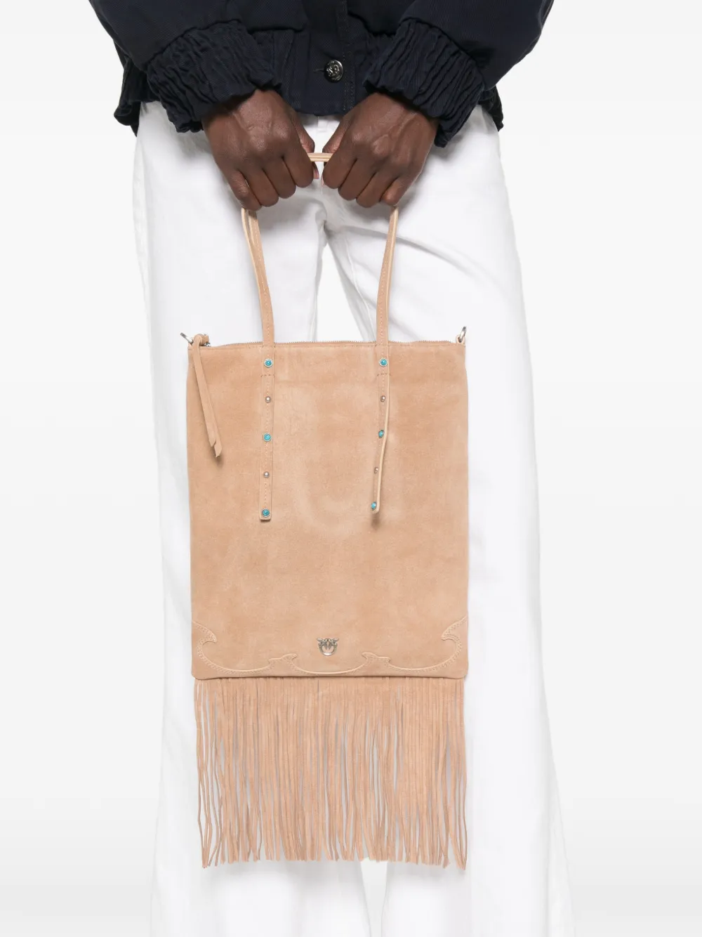 PINKO Suède mini-shopper verfraaid met studs en franje Beige