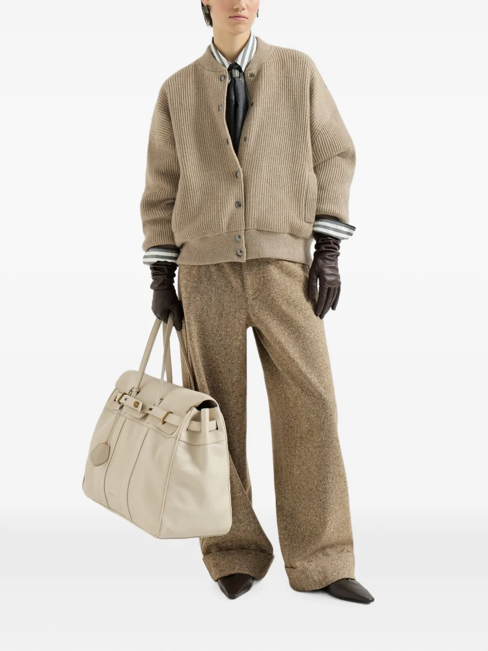 Brunello Cucinelli Gestreept zijden popeline overhemd met scheerwol foulard Wit