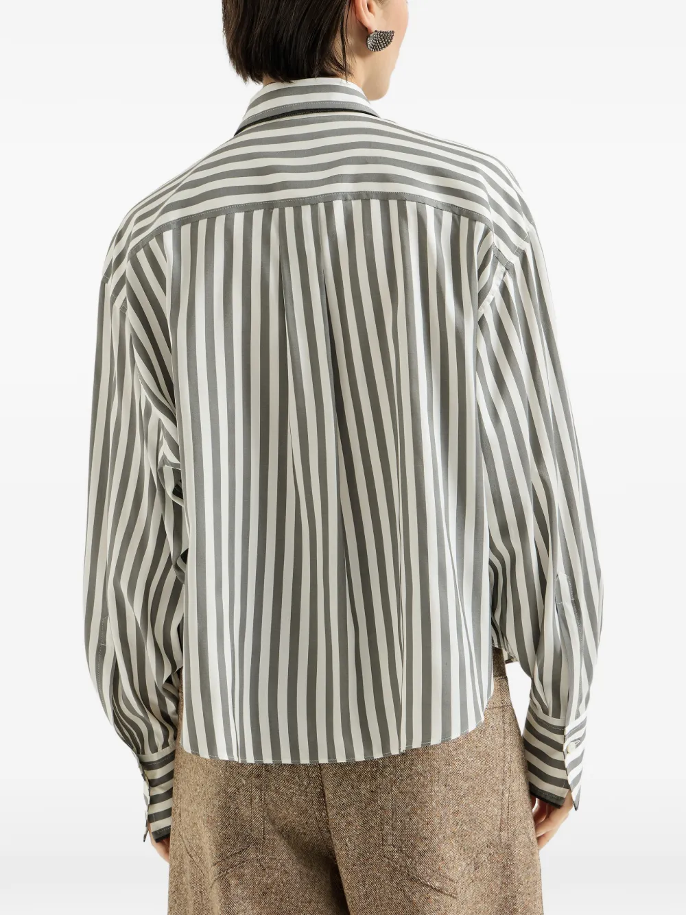 Brunello Cucinelli Gestreept zijden popeline overhemd met scheerwol foulard Wit