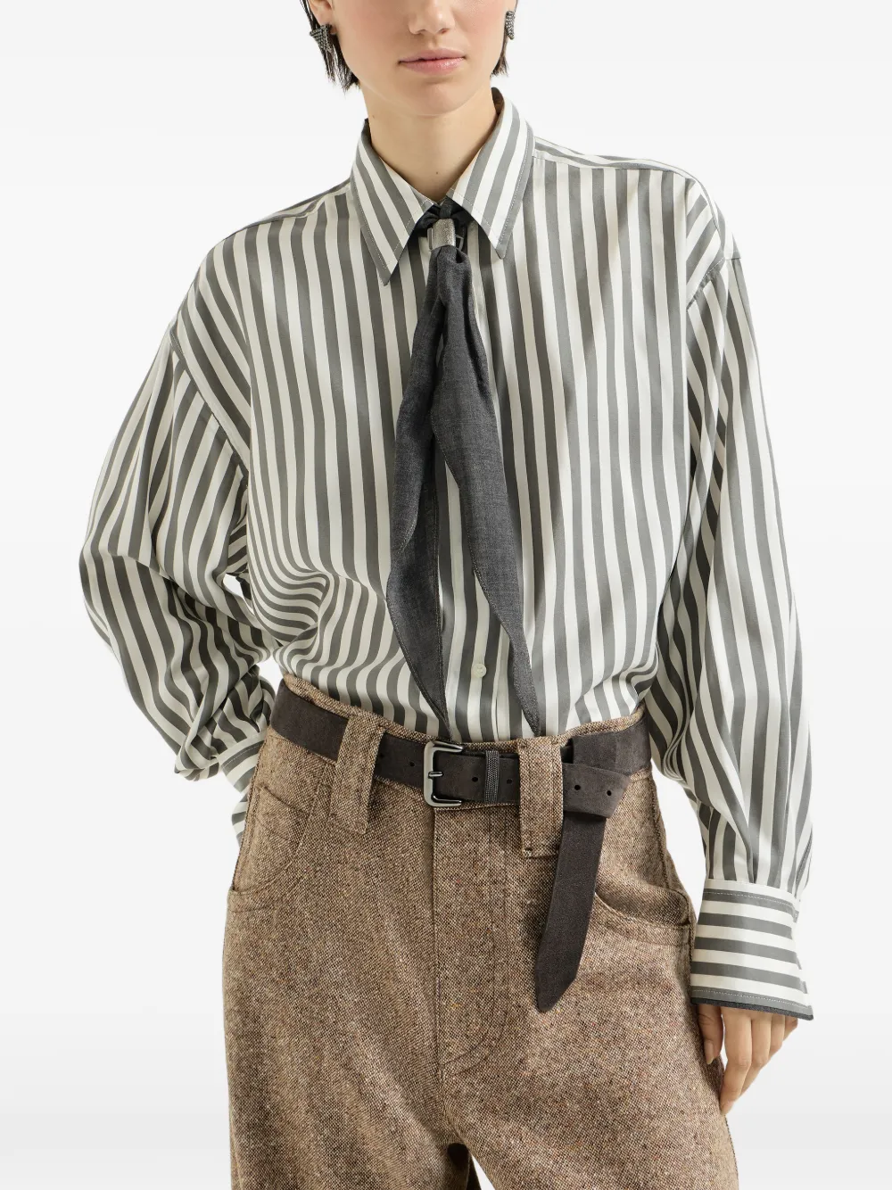 Brunello Cucinelli Gestreept zijden popeline overhemd met scheerwol foulard Wit