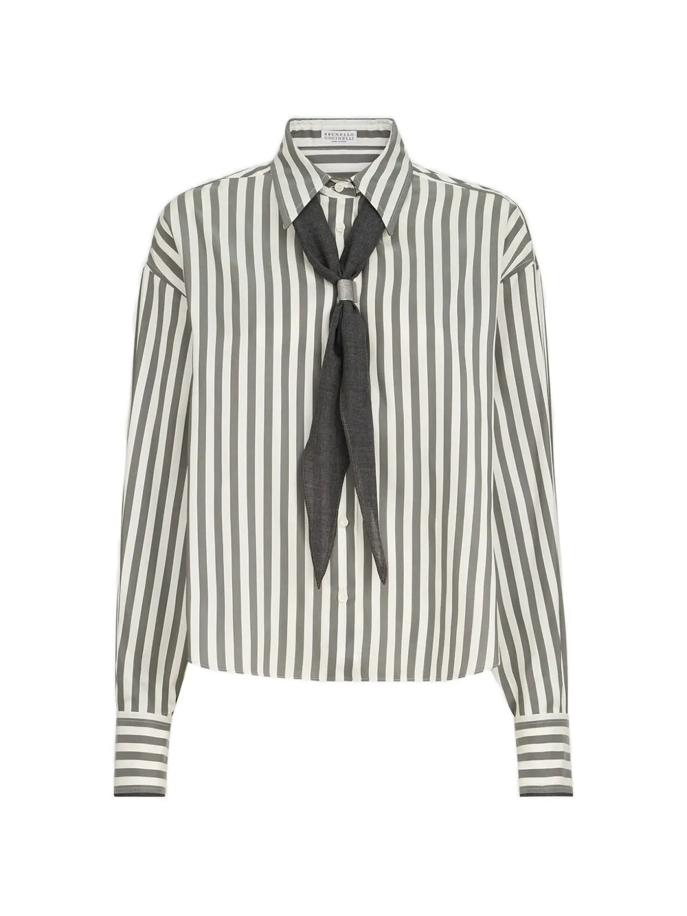 Brunello Cucinelli striped silk poplin shirt with virgin wool monili foulard