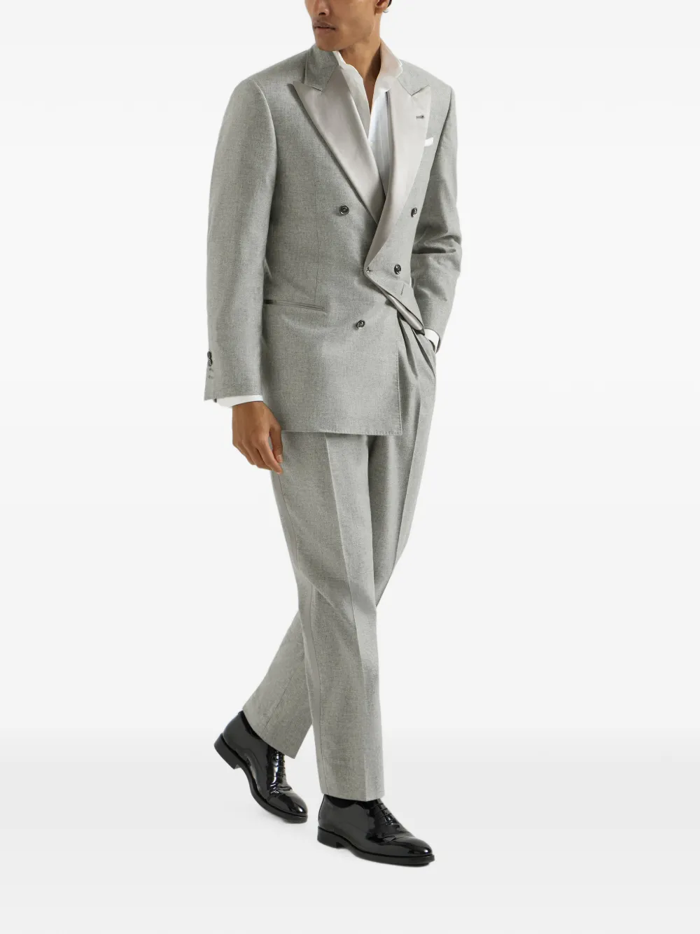  Brunello Cucinelli Cashmere And Silk Lightweight Flannel Tuxedo: One-and-a-half Breasted Jacket And Trousers With Double Pleats And Waist Tabs - 
