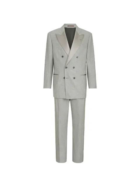 Brunello Cucinelli cashmere and silk lightweight flannel tuxedo: one-and-a-half breasted jacket and trousers with double pleats and waist tabs