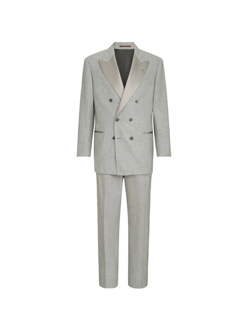 Brunello Cucinelli cashmere and silk lightweight flannel tuxedo: one-and-a-half breasted jacket and trousers with double pleats and waist tabs -