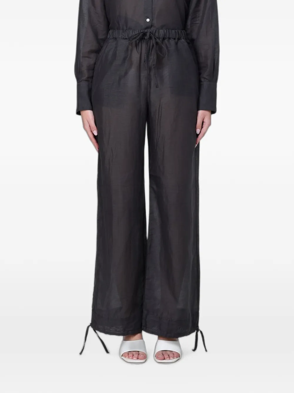 120% Lino drawstring-waist palazzo pants - Nero